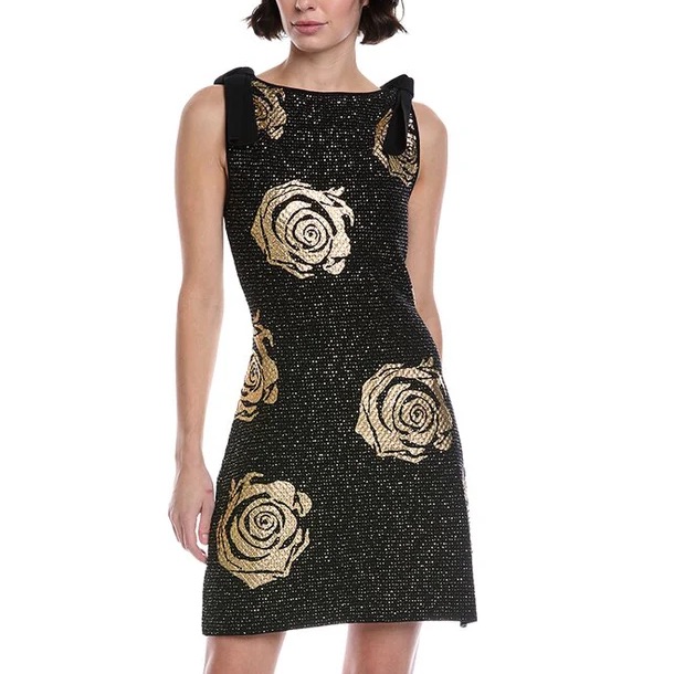 Oscar De La Renta Black And Gold Rose Mini Dress